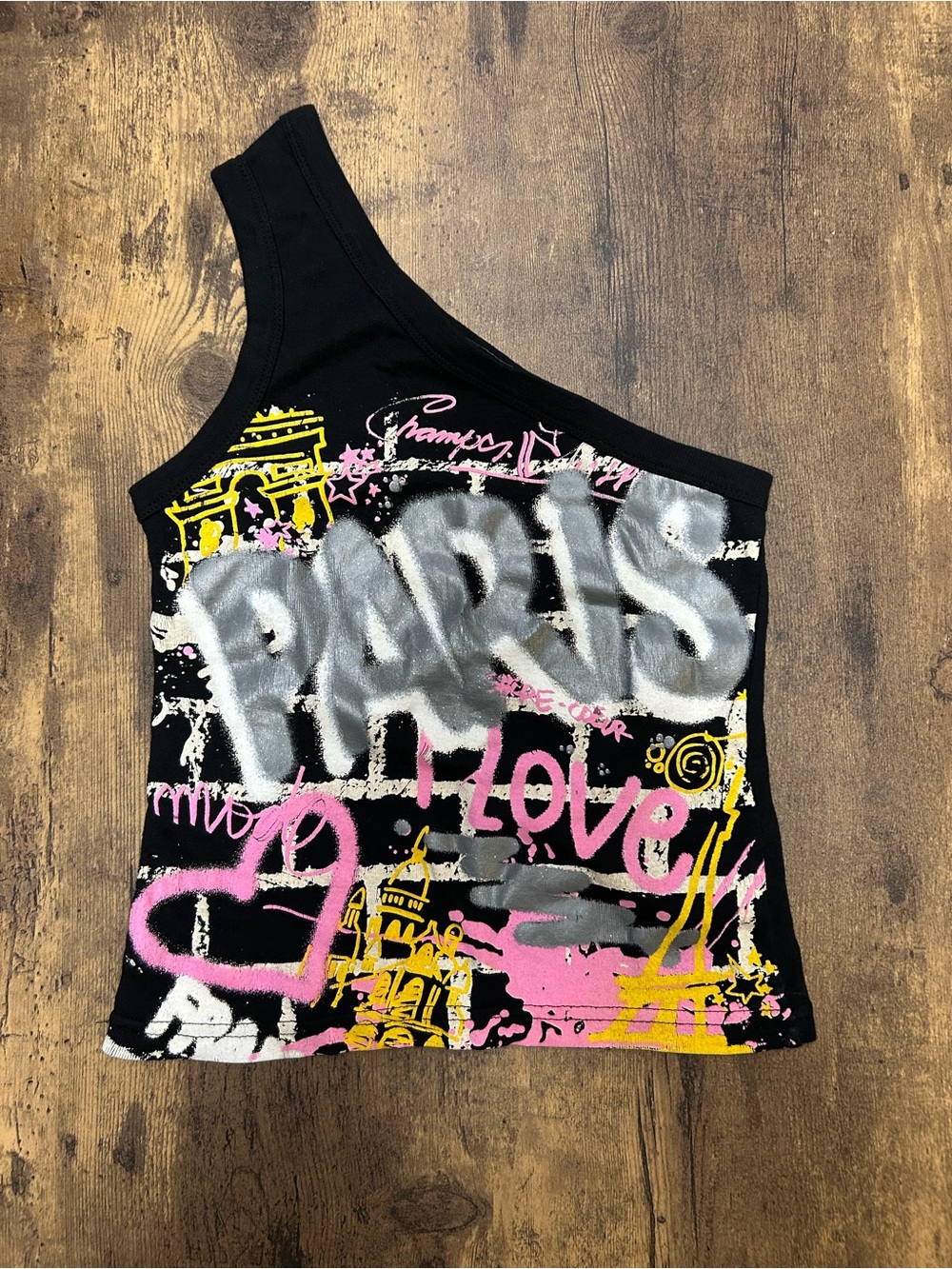 VTG Paris Yan Master One-Shoulder Graffiti Tank- Black, Pink, Yellow, Silver